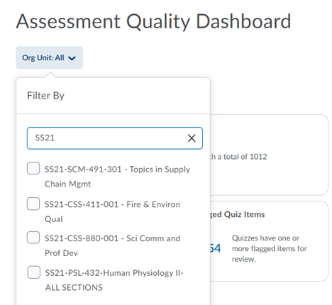 assessment quality dashboard filtered by semester