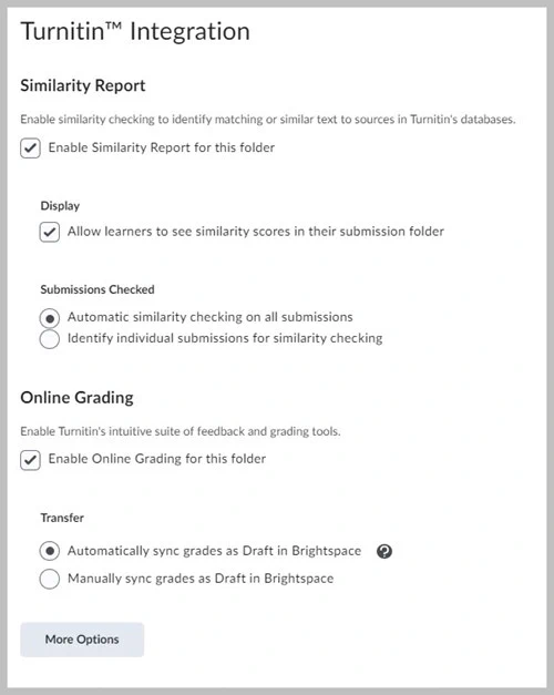 Turnitin integration with updated options for Similarity Report and Online Grading.